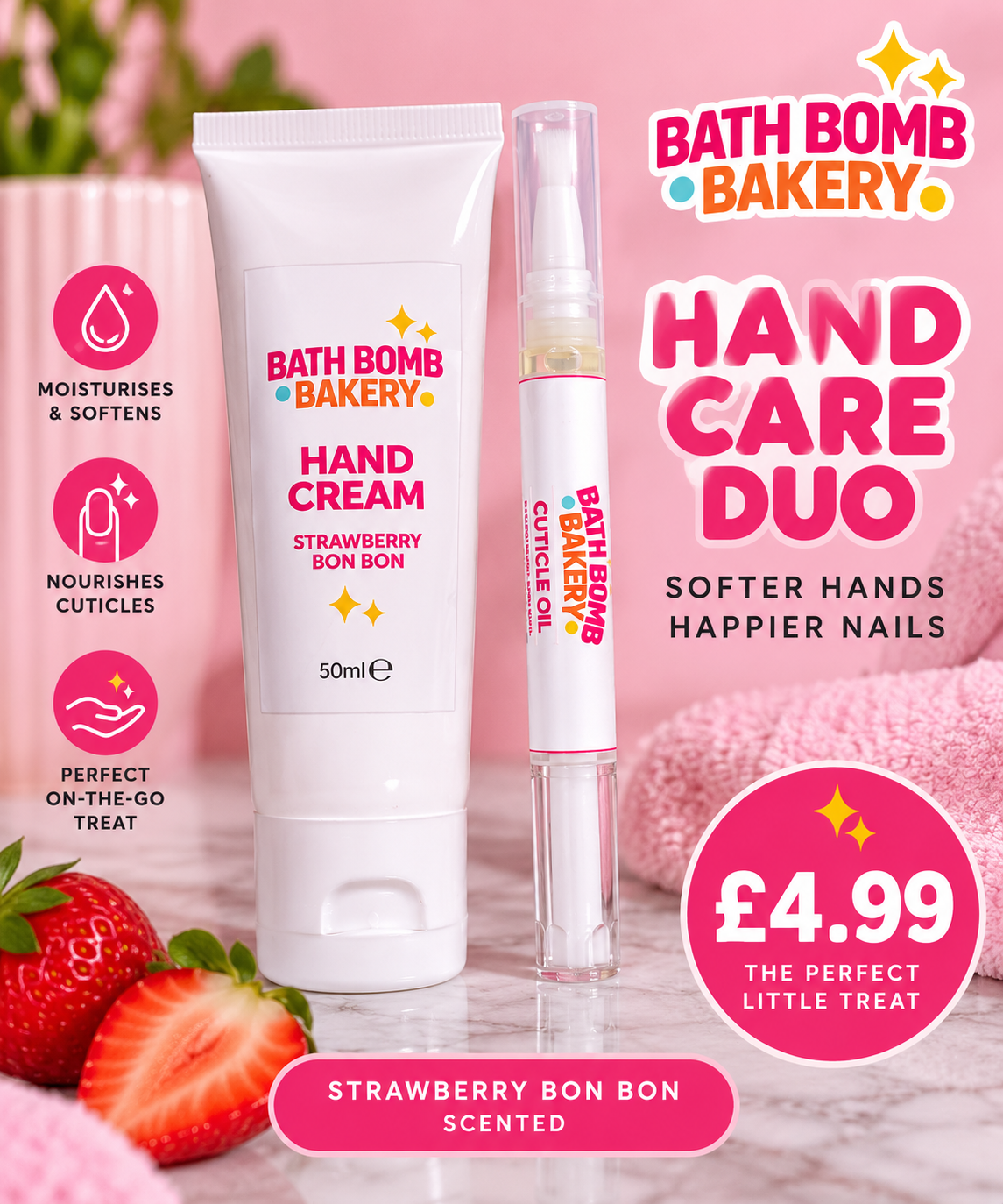 Strawberry Bon Bon Hand Cream & Cuticle Oil Duo – Hand & Nail Care Gift Set