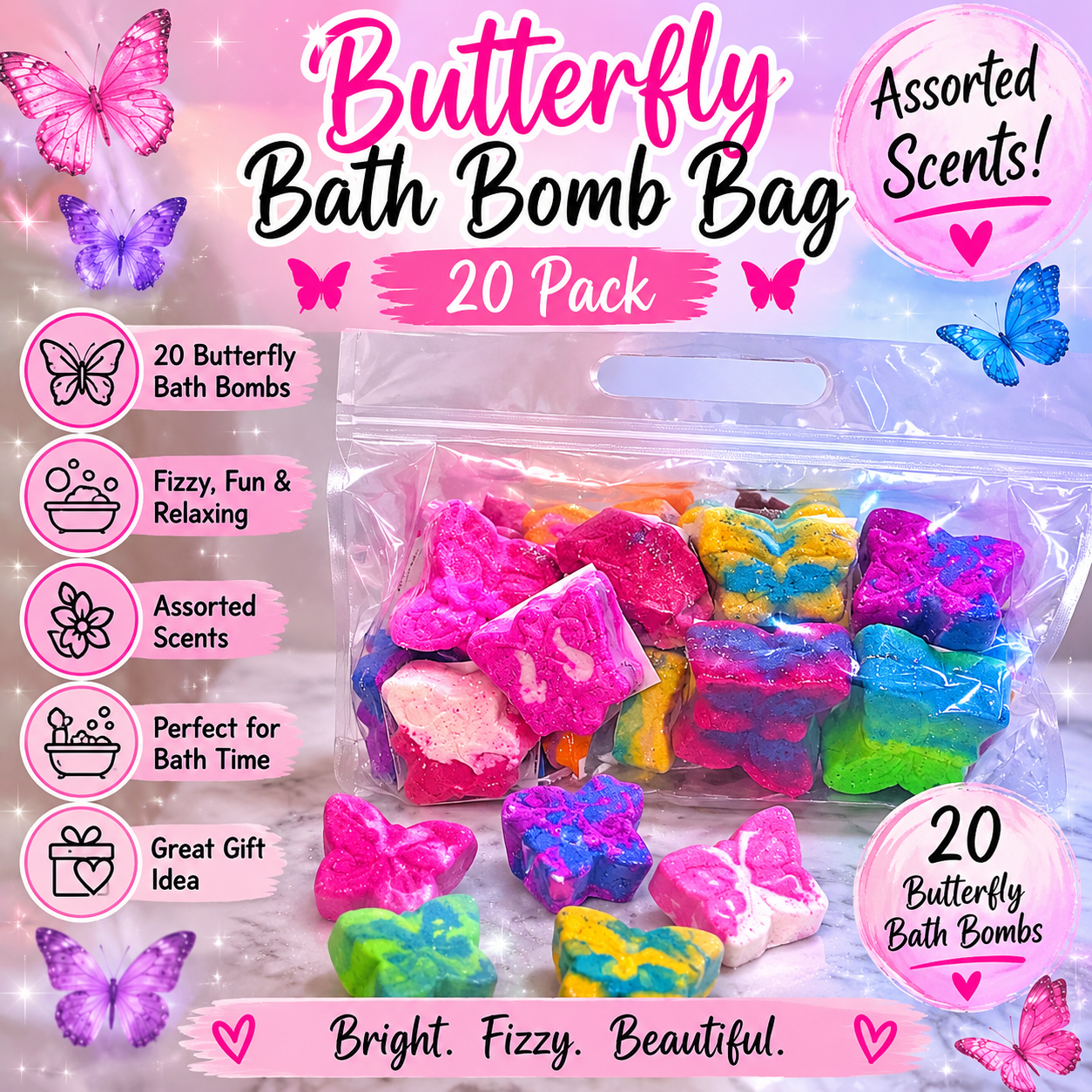 20 Butterfly Bath Bomb Bag – Assorted Scents & Colours