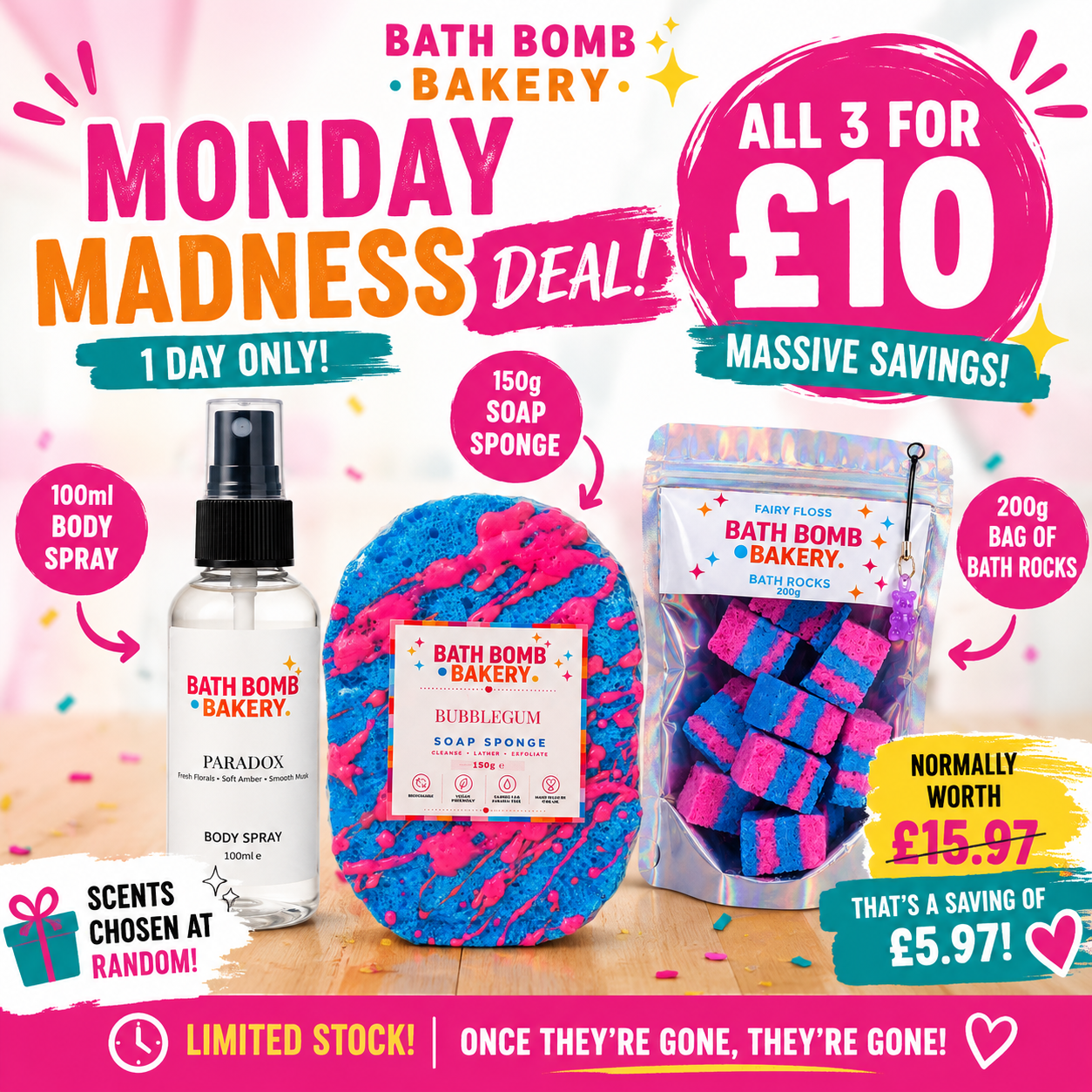 Monday Madness Bundle | 100ml Body Spray + 150g Soap Sponge + 200g Bath Rocks | All 3 for £10